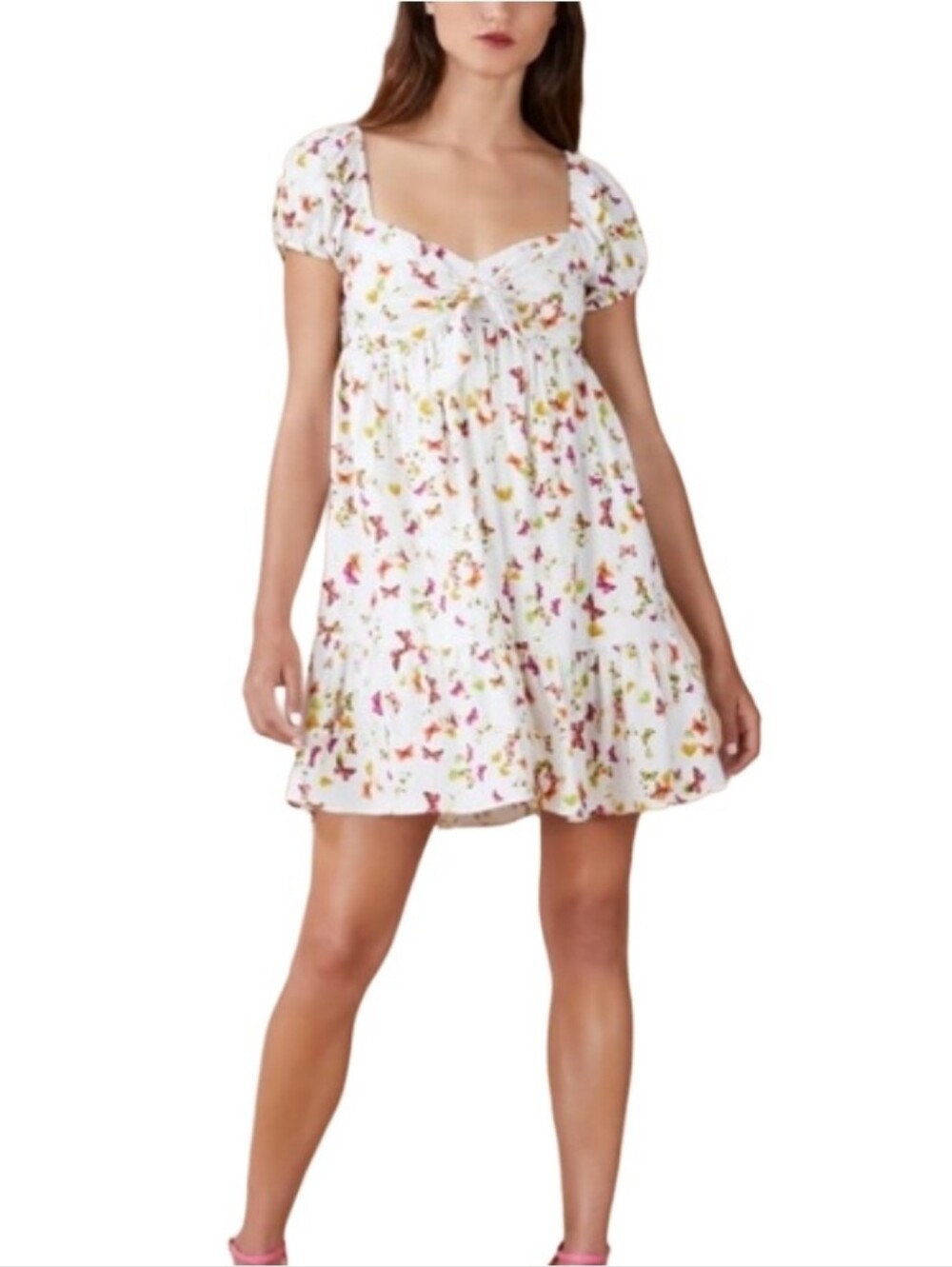 BCBGeneration White Butterfly Print Short Puff-Sleeve Babydoll Dress Size XS